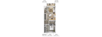 A diagram of a small apartment with a living room, kitchen, bedroom, and bathroom.