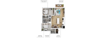A diagram shows the layout of a home with a primary bedroom, living room, kitchen, bathroom, and bedroom.