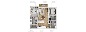 A diagram shows the layout of a home with a primary bedroom, living room, kitchen, and two bathrooms.