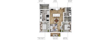 A diagram shows the layout of a home with a primary bedroom, living room, kitchen, and two bathrooms.