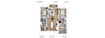 A diagram shows the layout of a home with a primary bedroom, living room, kitchen, and two bathrooms.