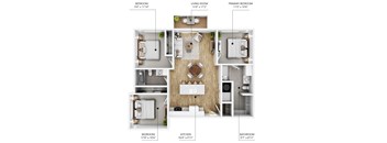 A diagram shows the layout of an apartment with a living room, two bedrooms, a kitchen, a primary bedroom, and a bathroom.
