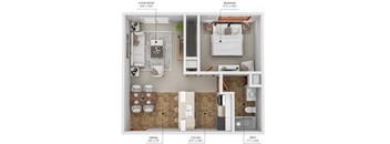 A diagram shows the layout of a living room, dining room, kitchen, and bedroom with their respective dimensions.