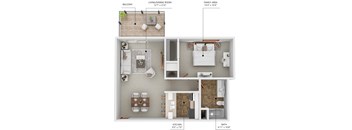 A floor plan of a small apartment with a living room, kitchen, bathroom, and balcony.