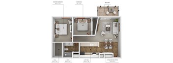 A diagram shows the layout of a small apartment with a master bedroom, two bathrooms, a kitchen, and a living/dining room.