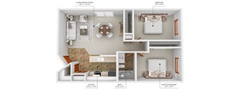 A diagram shows the layout of a living area, kitchen, and two bedrooms.