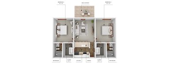 A diagram shows the layout of a small apartment with two bedrooms, a bathroom, a kitchen, a dining area, a closet, and a deck or patio.