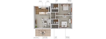 A diagram of a small apartment layout with a kitchen, dining area, living room, and two bedrooms.