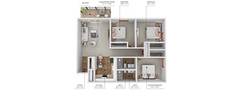 A floor plan of a small apartment with a living room, two bedrooms, a kitchen, a bathroom, and a foyer.