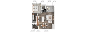 The A3 floor plan at Stonegate Crossing in Clive, Iowa with 1 bedroom and 1 bathroom.