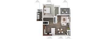 The A6 floor plan at Stonegate Crossing in Clive, Iowa with 1 bedroom and 1 bathroom.