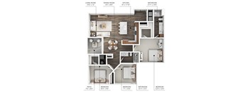 A floor plan of an apartment with a living room, dining room, kitchen, and four bedrooms.
