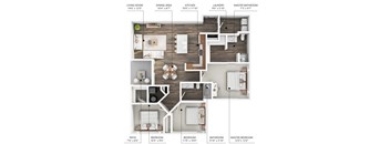 A detailed floor plan of a home showing the layout of the living room, dining area, kitchen, laundry, and bathrooms.