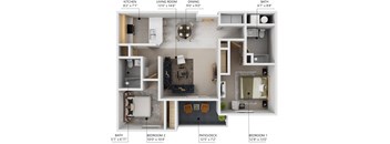 A diagram shows the layout of a home with a kitchen, living room, dining room, bath, and three bedrooms.