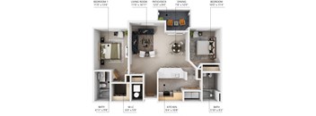 A diagram shows the layout of a small apartment with a living room, two bedrooms, a dining room, kitchen, and bathroom.