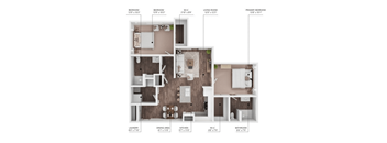 A floor plan of an apartment with a living room, two bedrooms, a dining area, a kitchen, a bathroom, and a laundry room.