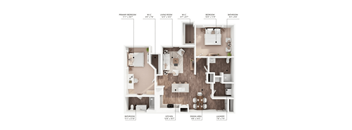 A floor plan of an apartment with a living room, dining area, kitchen, laundry, and bathrooms.