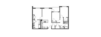 A black and white floor plan of a house with a kitchen, living room, and bedrooms.