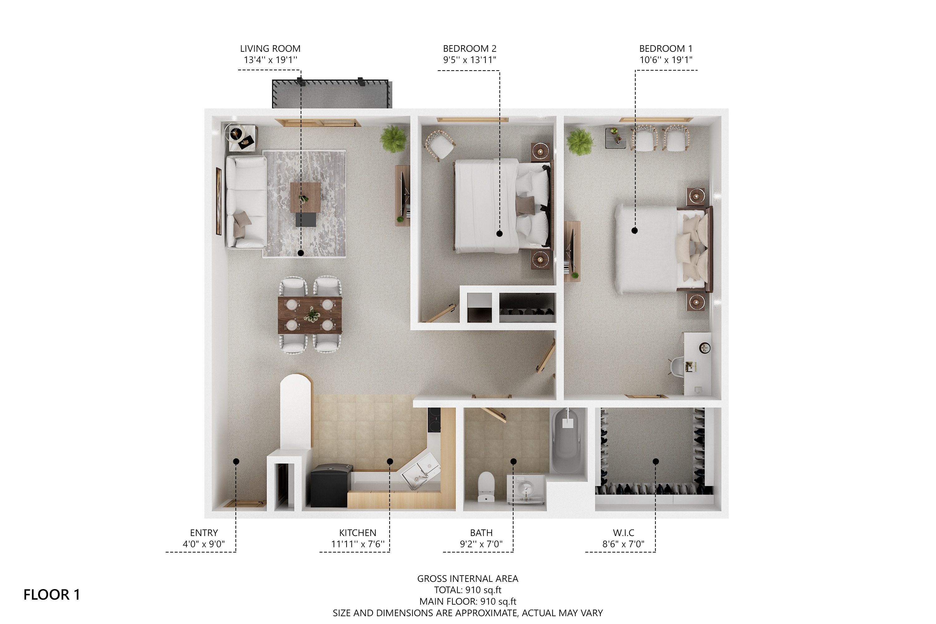 A floor plan of a one bedroom apartment with a living room, kitchen, bathroom and entry.
