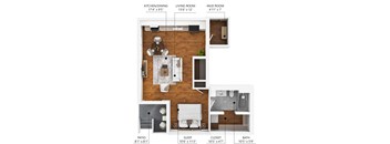 A floor plan of a small apartment with a kitchen, living room, and bathroom.