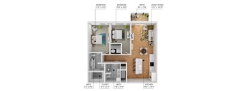 A diagram of a small apartment layout with a living room, kitchen, two bedrooms, a bathroom, and a closet.