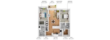 A diagram of a two-bedroom, one-bathroom apartment with a living room and kitchen.