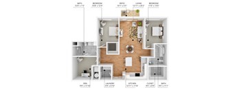 A floor plan of a two-bedroom apartment with dimensions of each room.