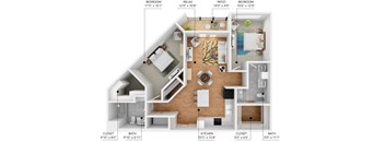 A floor plan of a house showing the layout of the bedrooms, bathrooms, kitchen, and patio.