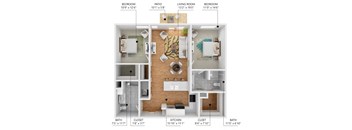 A floor plan of a house with a living room, two bedrooms, a patio, a bathroom, a kitchen, a cloet, and a closet.