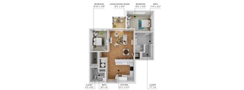 A diagram shows the layout of a home with a living room, two bedrooms, a bathroom, a kitchen, and two closets.