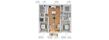 A floor plan of an apartment with a living room, dining room, kitchen, two bedrooms, and two bathrooms.