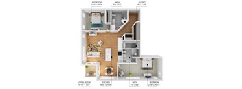A floor plan of a small apartment with a living room, kitchen, bedroom, bathroom, and closet.