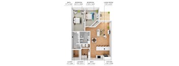 A diagram of a house showing the layout of the bathrooms, bedrooms, living room, kitchen, closet, and laundry area.