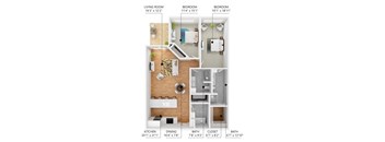 A diagram shows the layout of a living room, two bedrooms, a kitchen, a dining area, a bathroom, and a closet.