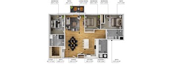 A floor plan of a house with a living room, two bedrooms, a bathroom, a kitchen, a dining room, a laundry room, and a patio.