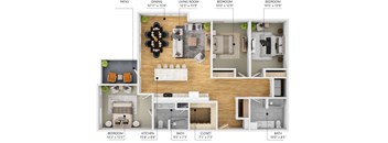 A floor plan of a house with a patio, dining area, living room, and four bedrooms.