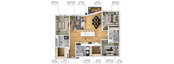 A floor plan of a two-bedroom, two-bathroom apartment with a living room, kitchen, and dining room.