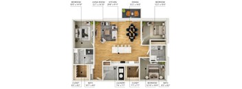 A floor plan of a two-bedroom, two-bathroom apartment with a living room, kitchen, dining room, and closet.