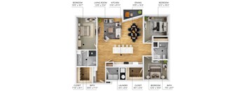 A diagram of a house layout with labeled rooms and their dimensions.
