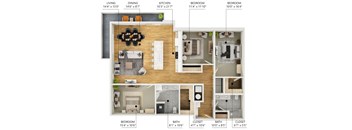 A diagram shows the layout of a two-bedroom apartment with dimensions for each room.
