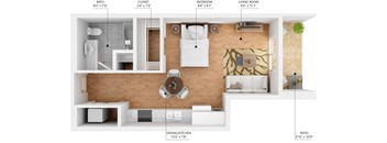 A floor plan of a small apartment with a living room, dining area, kitchen, bedroom, and bathroom.