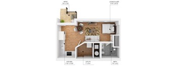 A floor plan of a small apartment with a living room, kitchen, bathroom, and patio.