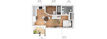 A diagram of a small apartment with a kitchen, bathroom, laundry room, and patio.