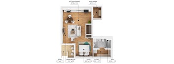 A floor plan of a small apartment with a kitchen, living room, bathroom, and bedroom.