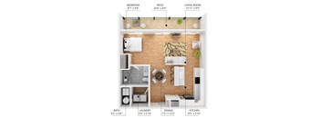 A floor plan of an apartment with a bedroom, living room, kitchen, bathroom, and laundry area.