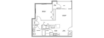 A floor plan of a house with a bedroom, living room, kitchen, bathroom, pantry, laundry, and a deck.