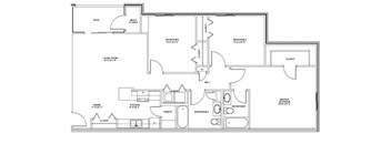 A black and white floor plan of a house with a living room, dining room, kitchen, and bathrooms.