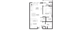 A black and white image of a house floor plan with a living room, dining room, kitchen, bedroom, bathroom, and patio.