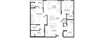 A black and white image of a house floor plan with a patio, two bedrooms, a living room, a kitchen, two bathrooms, and two closets.