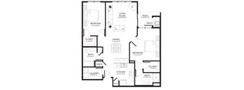 A black and white image of a floor plan for a house with a living room, dining room, kitchen, pantry, and two bedrooms.